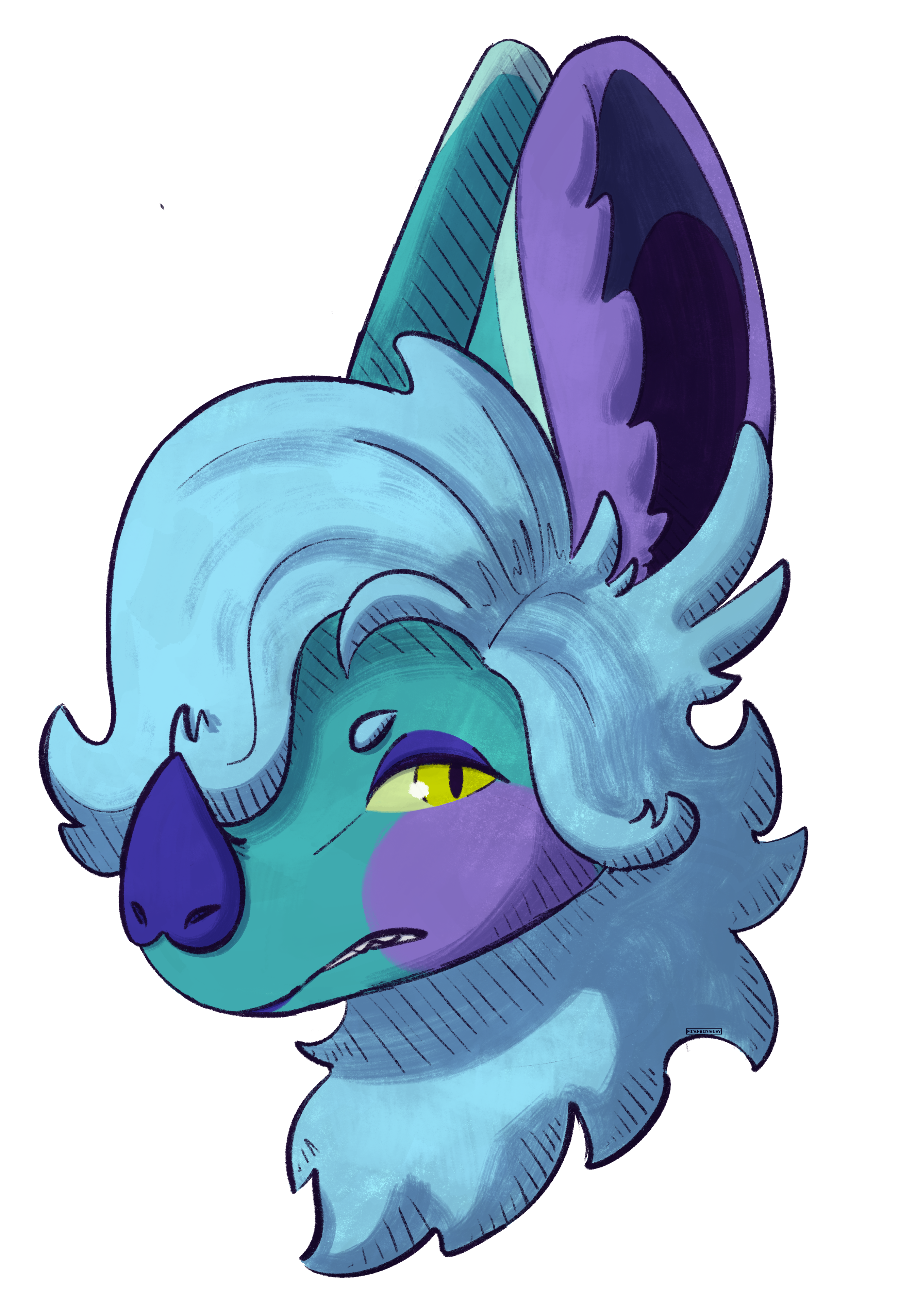 a drawing of a teal and purple bat character. they look grumpy.