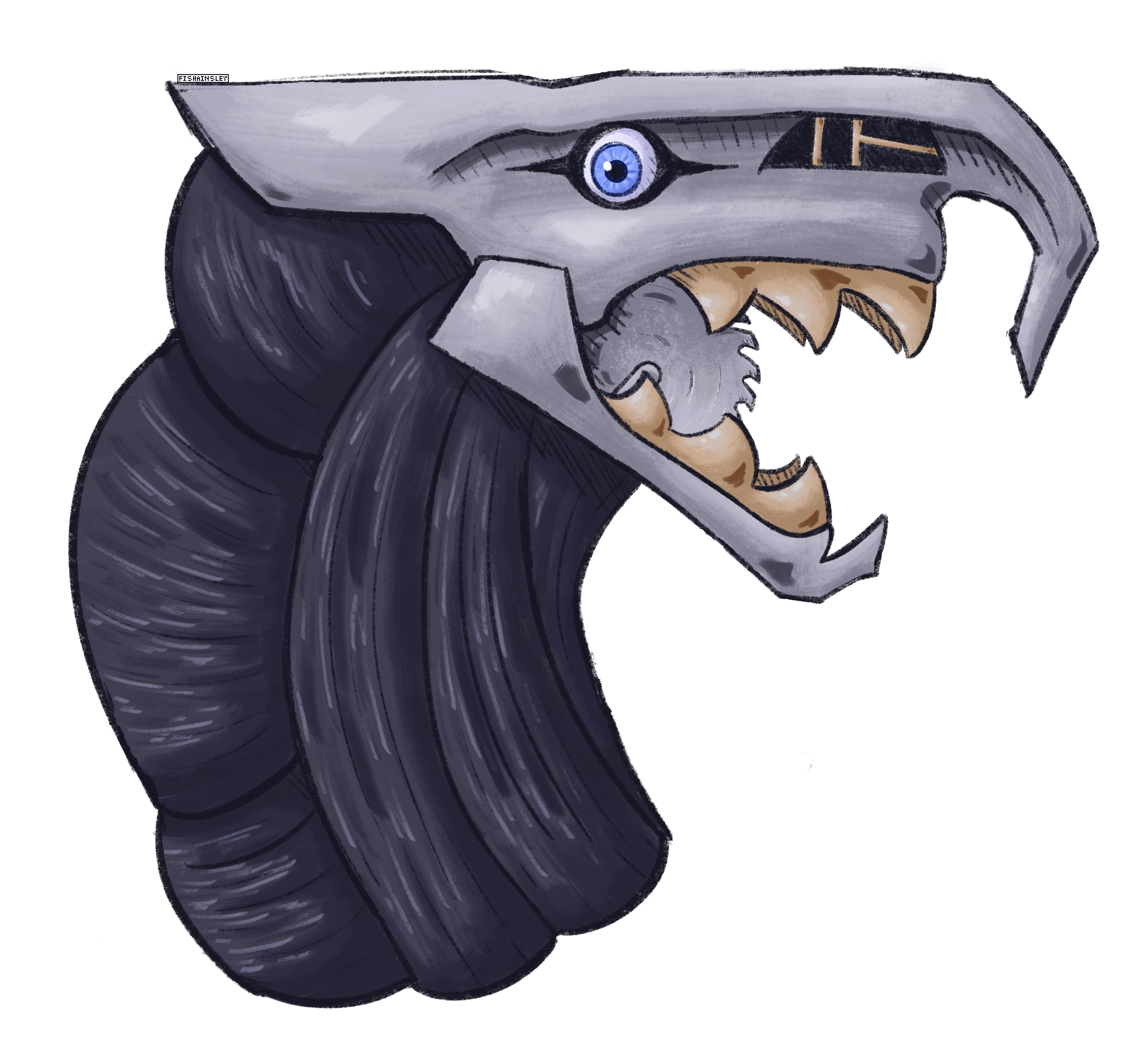  A headshot of a frightening robotic/gory monster. It has a metal visible skull, a dark purple muscular neck, and a bright blue eye.