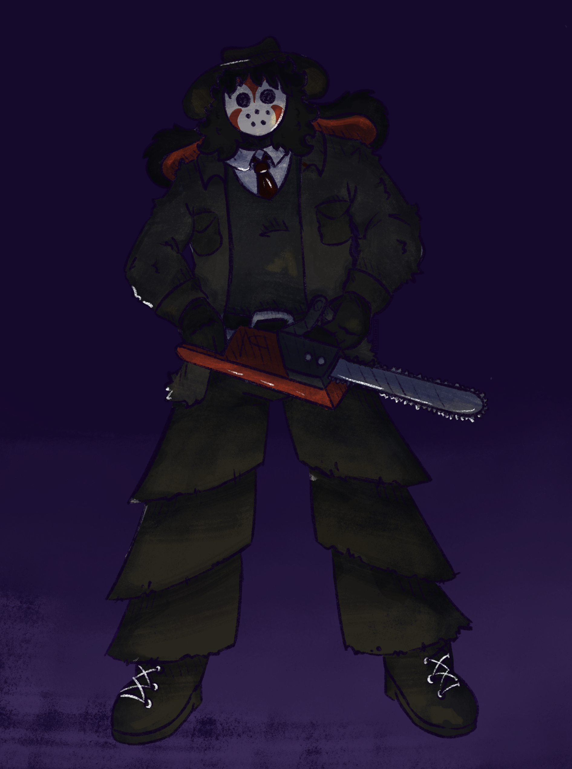 A drawing of a tall, imposing person wearing a hockey mask, hat, rabbit ears, and a jacket. The figure is brandishing a chainsaw and looking down upon the viewer.