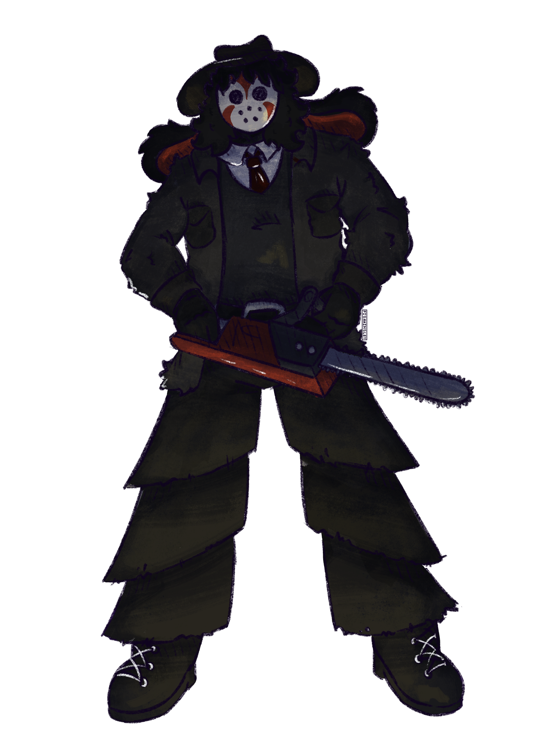 A drawing of a tall, imposing person wearing a hockey mask, hat, rabbit ears, and a jacket. The figure is brandishing a chainsaw and looking down upon the viewer.