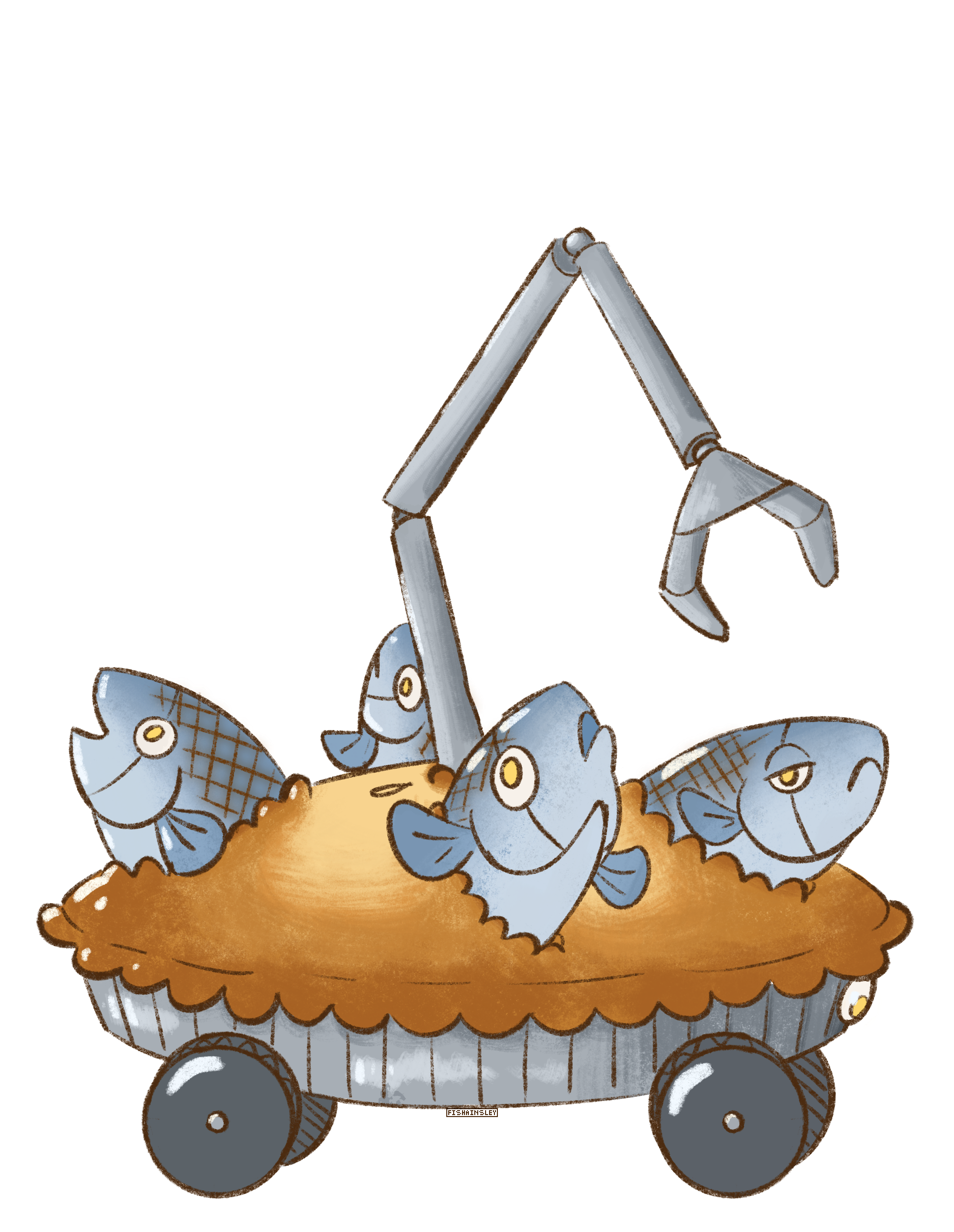 a drawing of a stargazy pie themed amicabot. the character is a pie on 4 wheels with 4 fish heads sticking out of the crust alongside a robotic grabber arm.