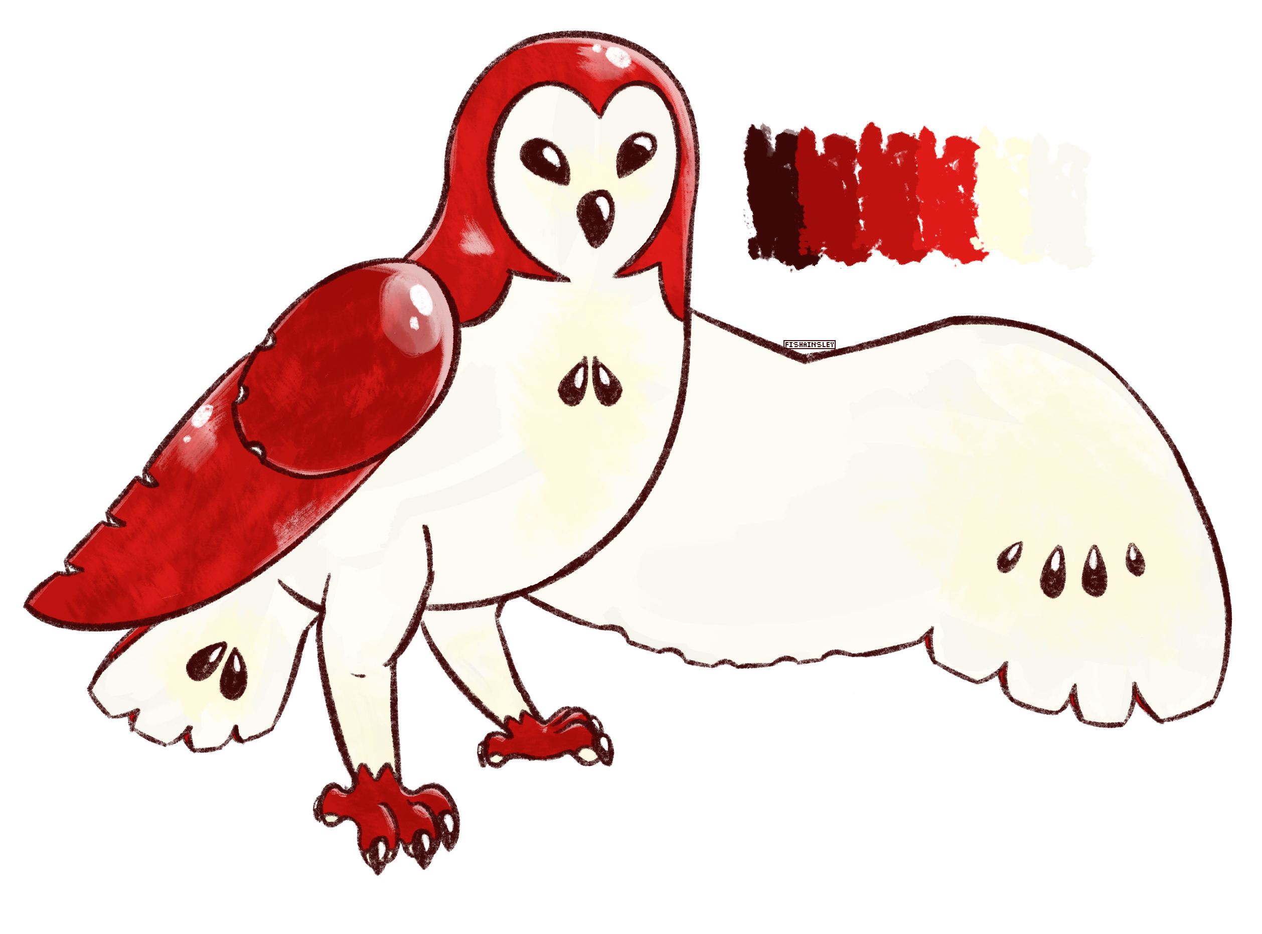 a drawing of a barn owl that looks to have been cut from a red delicious apple.