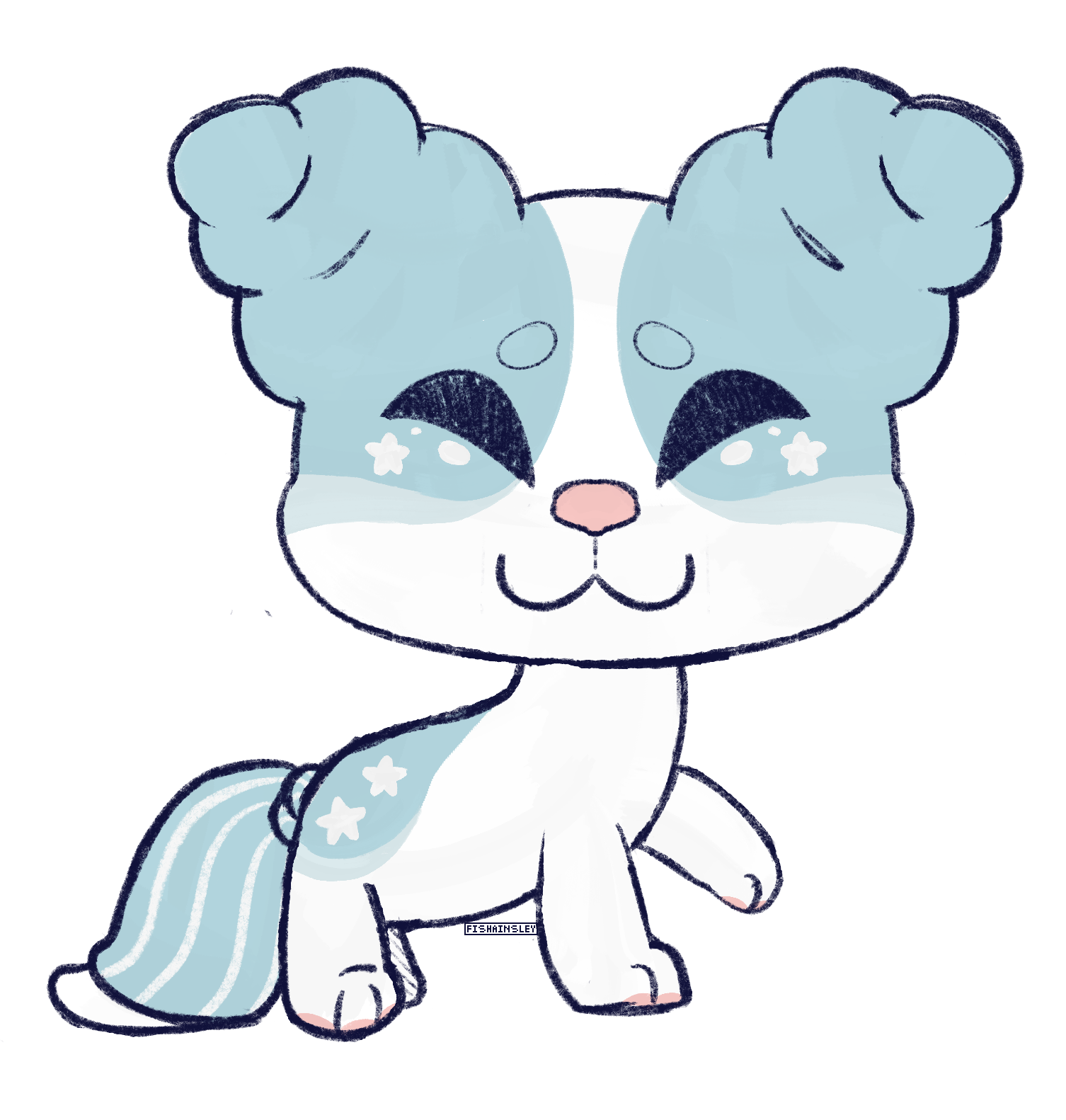 A drawing of a blue pillowing in the style of a littlest pet shop figurine