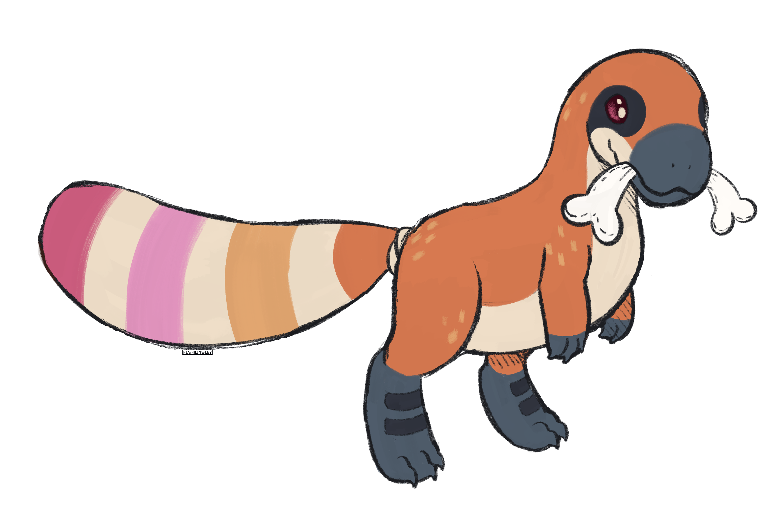  A drawing of a pillowing modelled after a velociraptor. It is orange with a pink, orange, and cream striped tail. It has a plush bone in its mouth