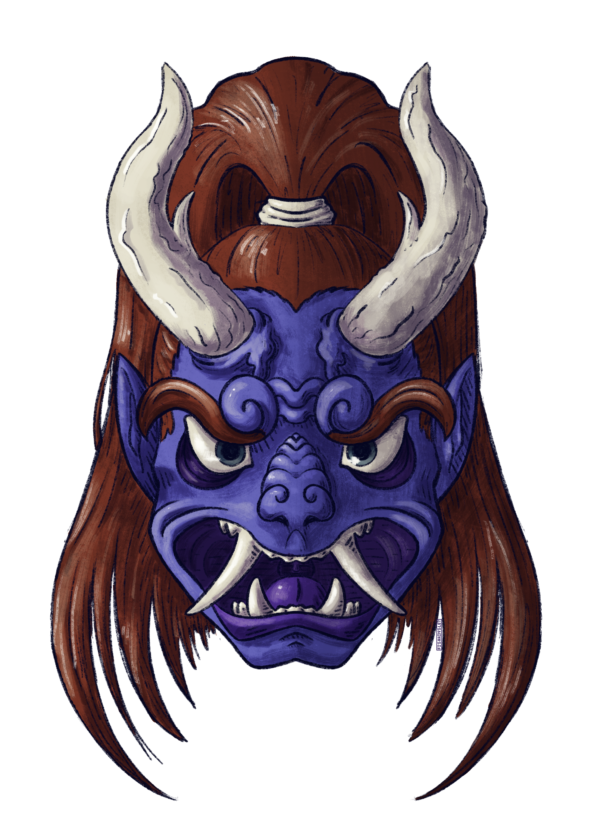 A drawing of an oni facing forward in an homage to traditional Japanese style.