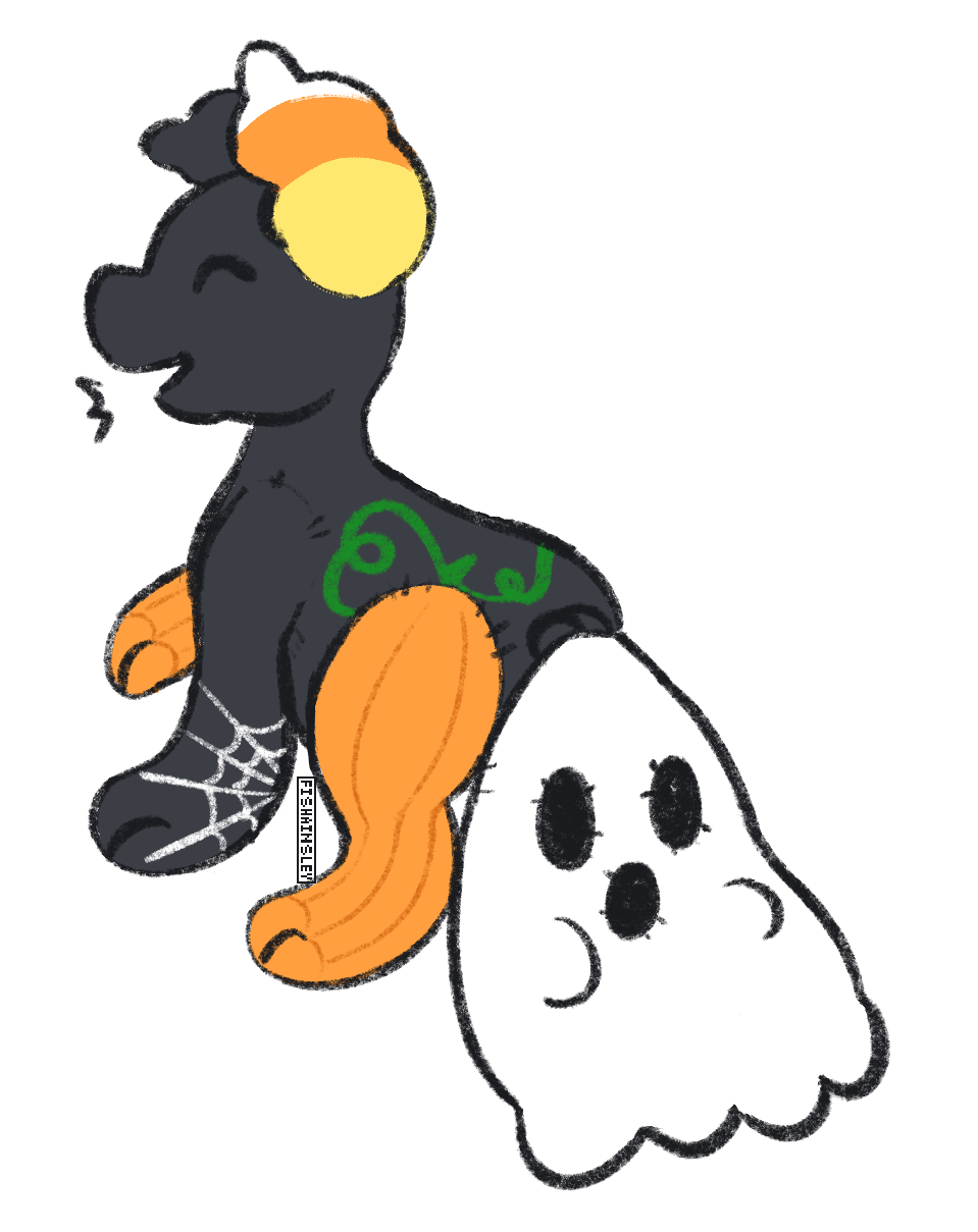 a drawing of a pillowing, primarily black in color with a white ghost tail and candy corn colored ears.