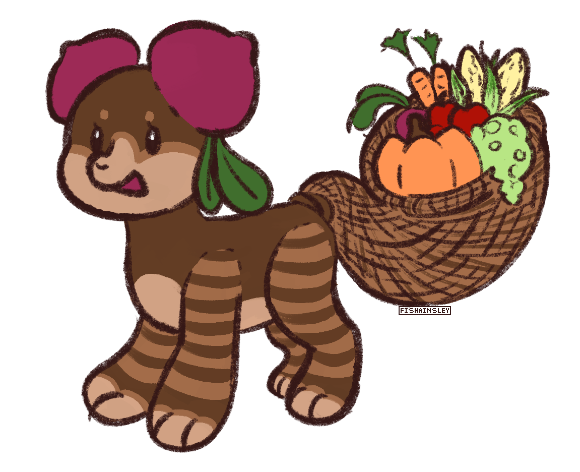 a drawing of a pillowing, primarily brown in color with markings reminiscent of a turkey. the tail is a cornucopia full of fruits and veggies such as pumpkin, grapes, and carrots. The ears are radishes.