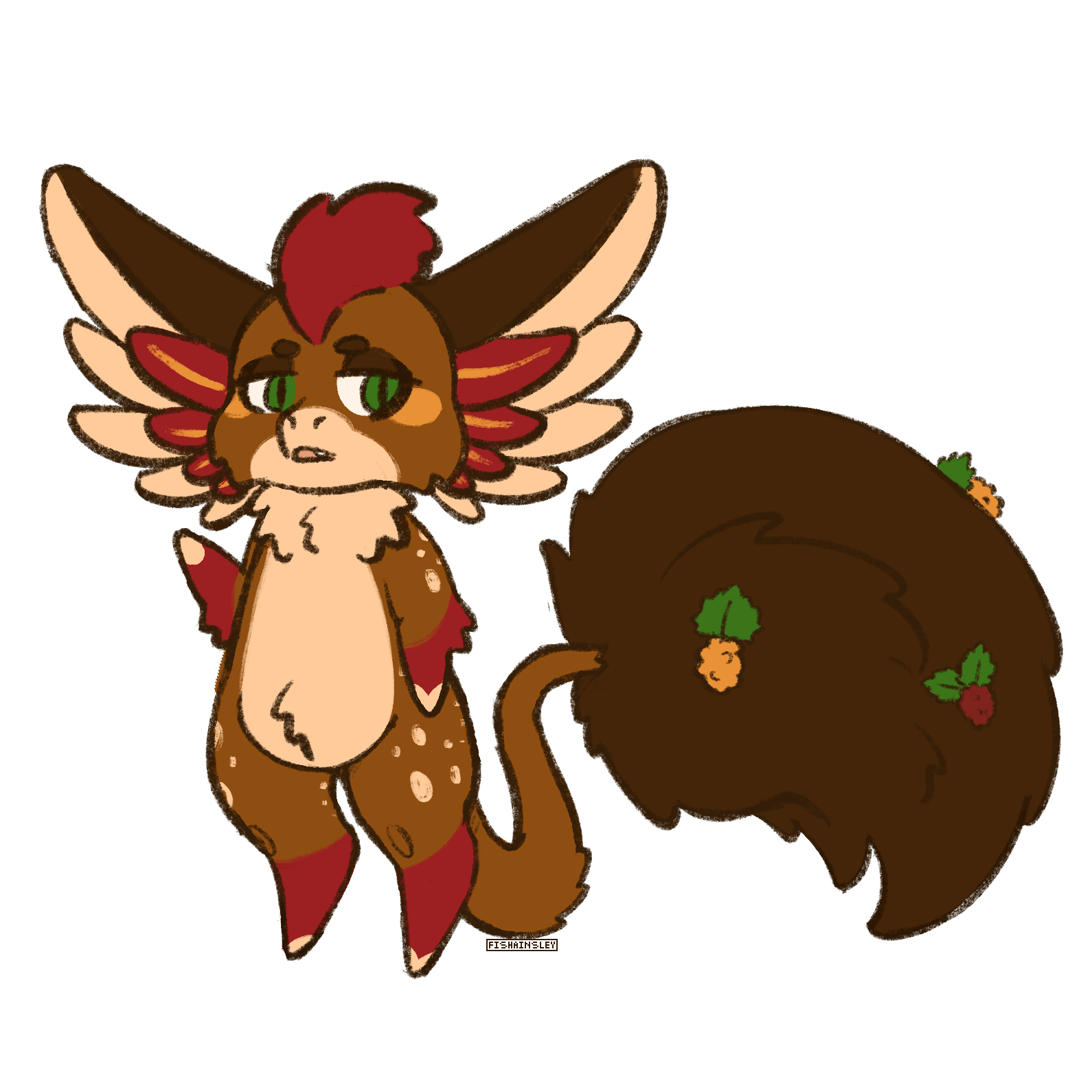 A drawing of a fruit bloom, an anthro chibi dragon creature with a very large fluffy tail. The character is brown, red, and orange, with markings and colors based on the neiva trout, with salmonberries growing on the tai.