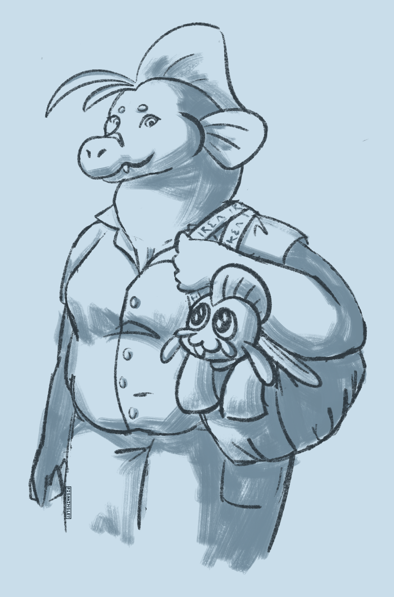 A drawing of Carmen, a large anthro salmon, carrying a much smaller Woman around in an ikea bag.
