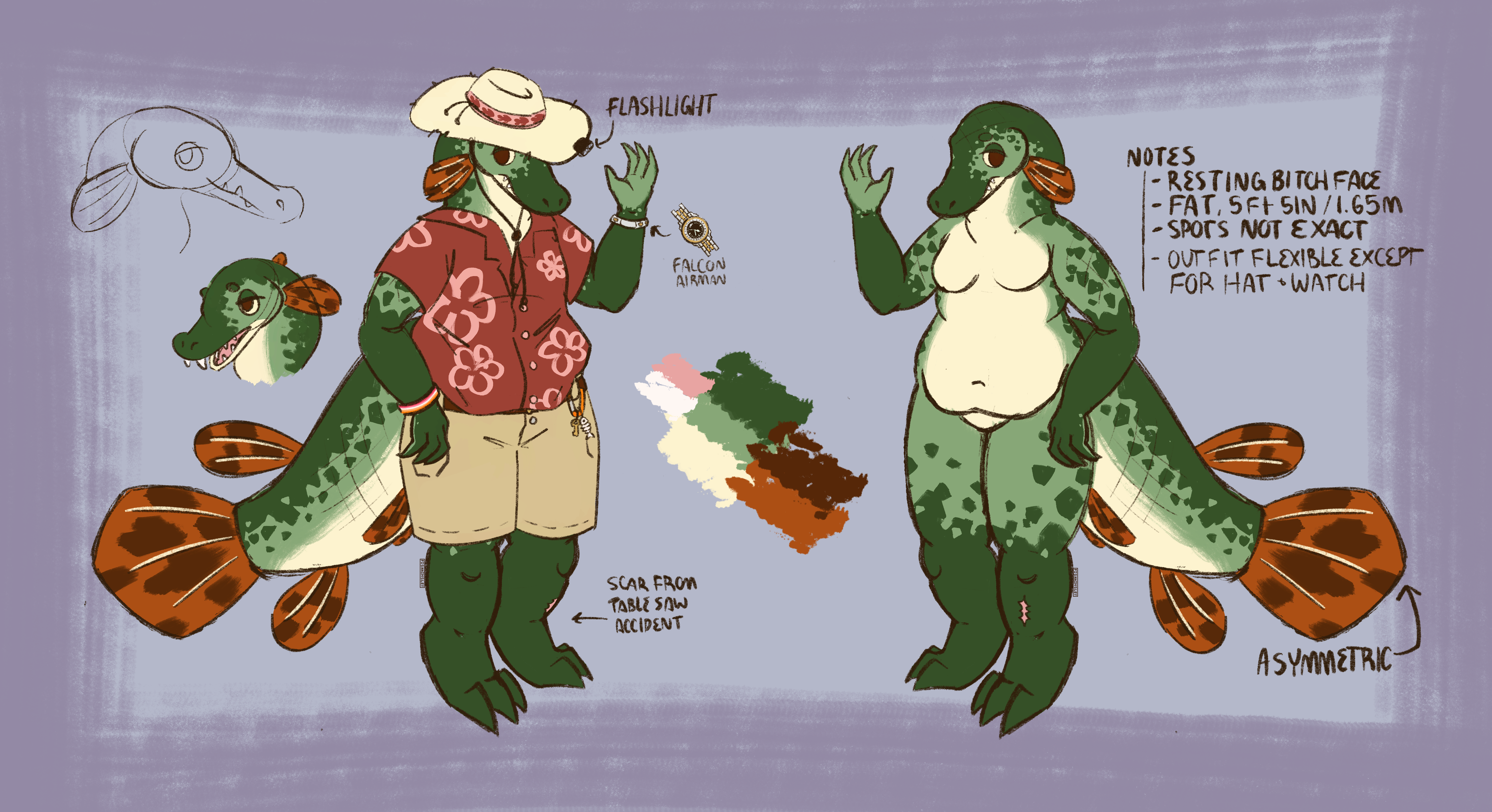  A ref sheet for an anthropomorphic shortnose gar. They are fat and green in color, with a light yellow belly and dark green spotting. They have bright brown fins with darker spots. One image shows them nude, another shows them in a button up shirt, shorts, and a straw hat. They are also wearing a lesbian flag bracelet and a Falcon Airman watch. Notes on the ref indicate that the character has a resting bitch face, is 5ft 5in, and has a flexible outfit and spot placement. 