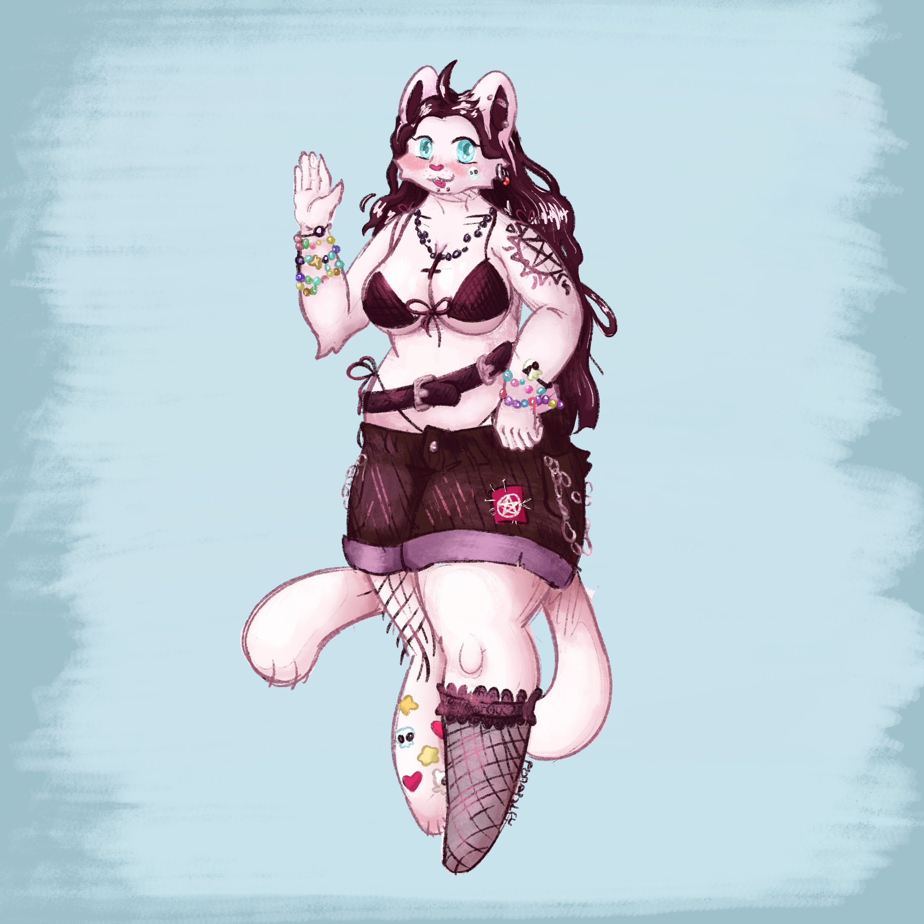 A drawing of a light pink anthro cat, dressed in a bikini top, black shorts, and fishnet stockings. On closer inspection, the piece has odd details such as extra fingers and disconnected beads on the kandi bracelets, meant to resemble AI.