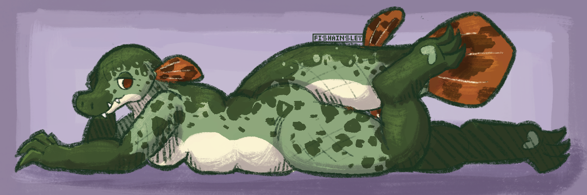 An anthro gar lounging on their tummy