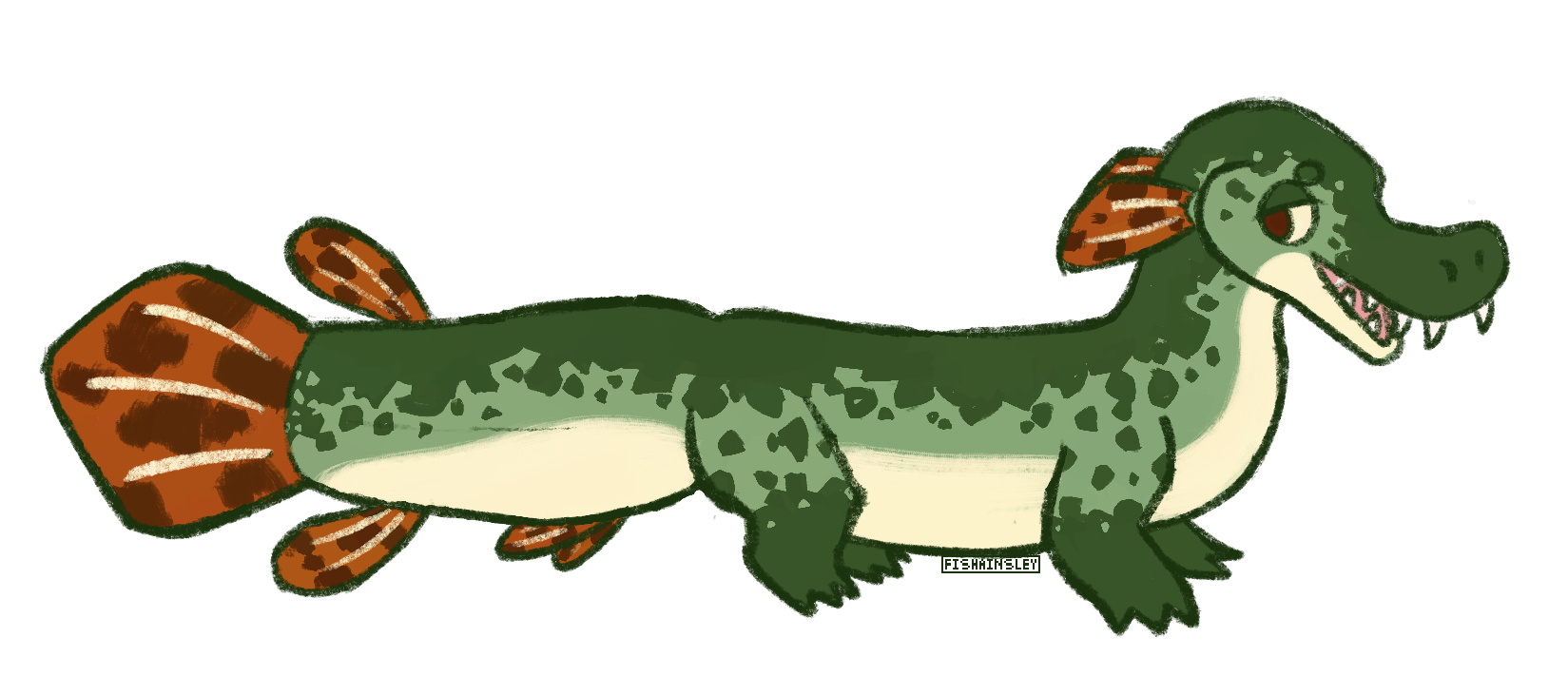 a drawing of a gar with salamander-like legs