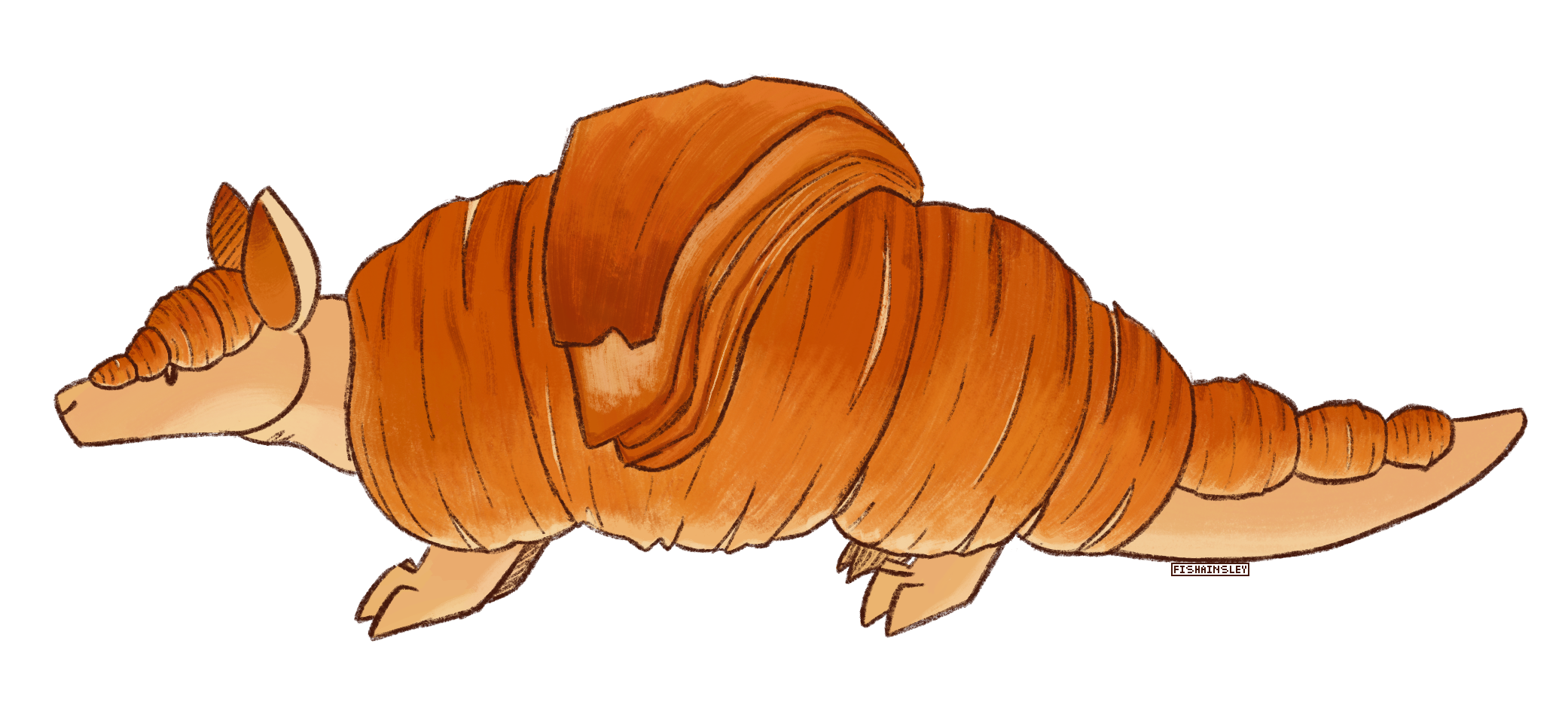 A drawing of a design that looks like a hybrid between an armadillo and a croissant.
