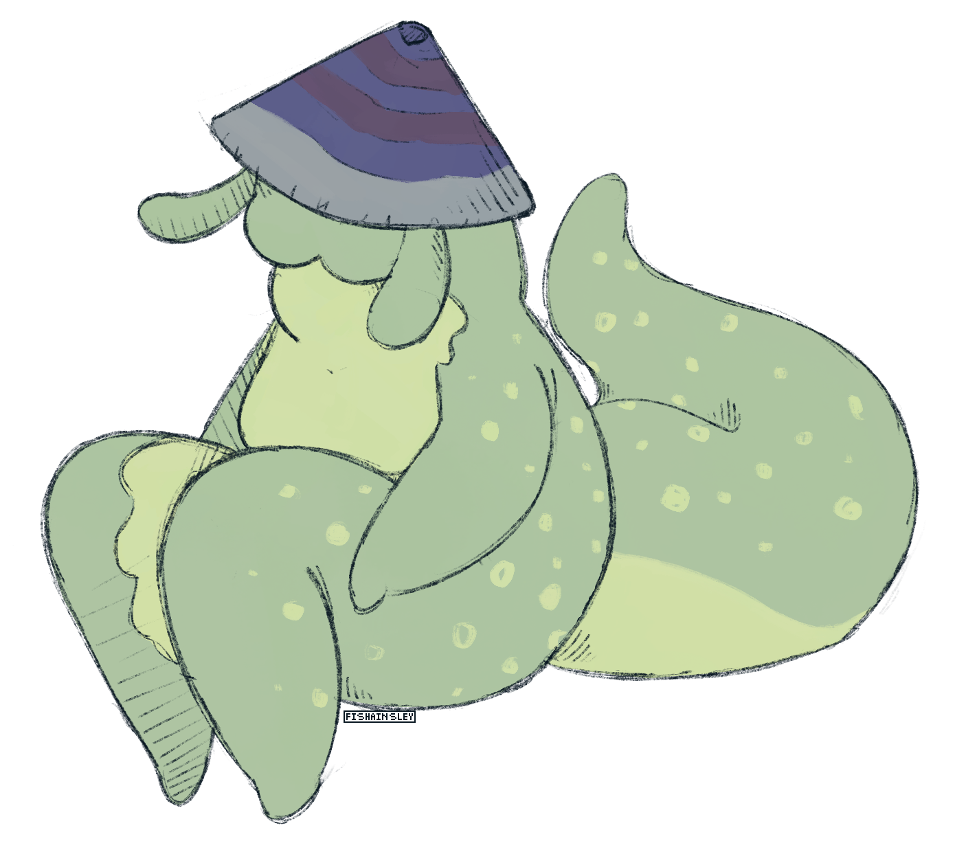 a drawing of an anthro limpet. it’s green with a purple shell as a hat