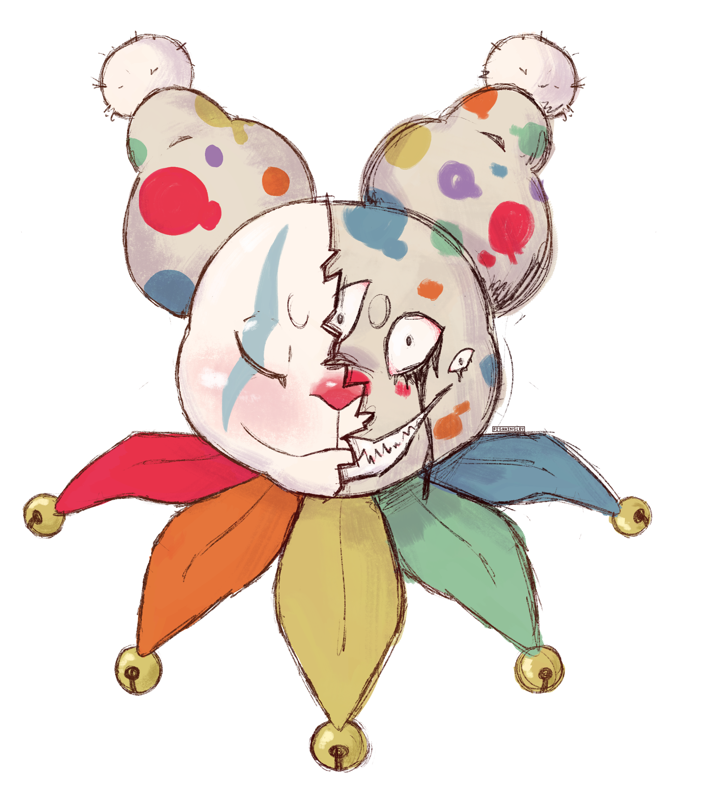 a drawing of a clown pillowing with half of a friendly porcelain mask obscuring a face covered in bleeding eyes