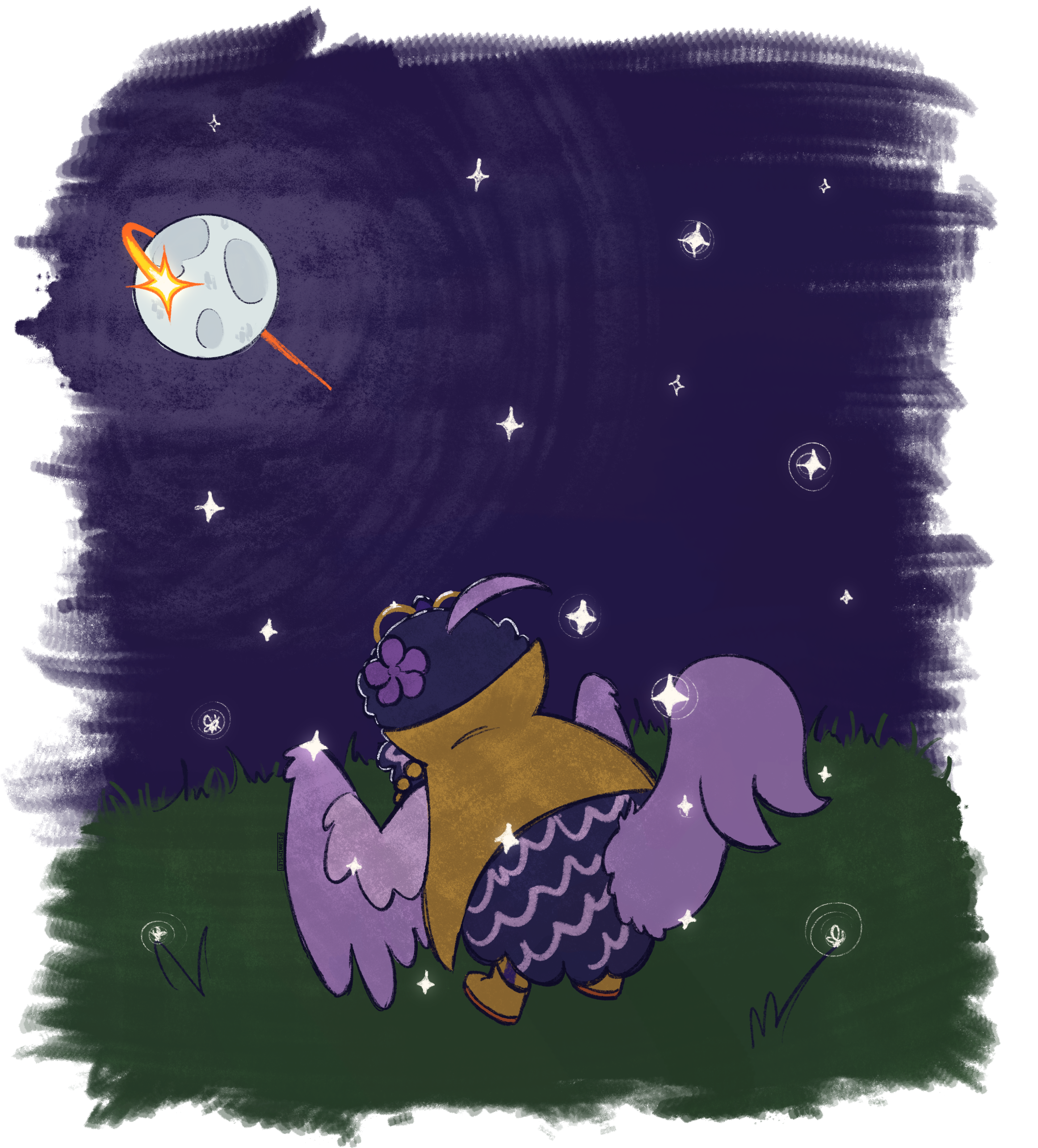 a drawing of a chicken watching a ship circle around the moon and stars.