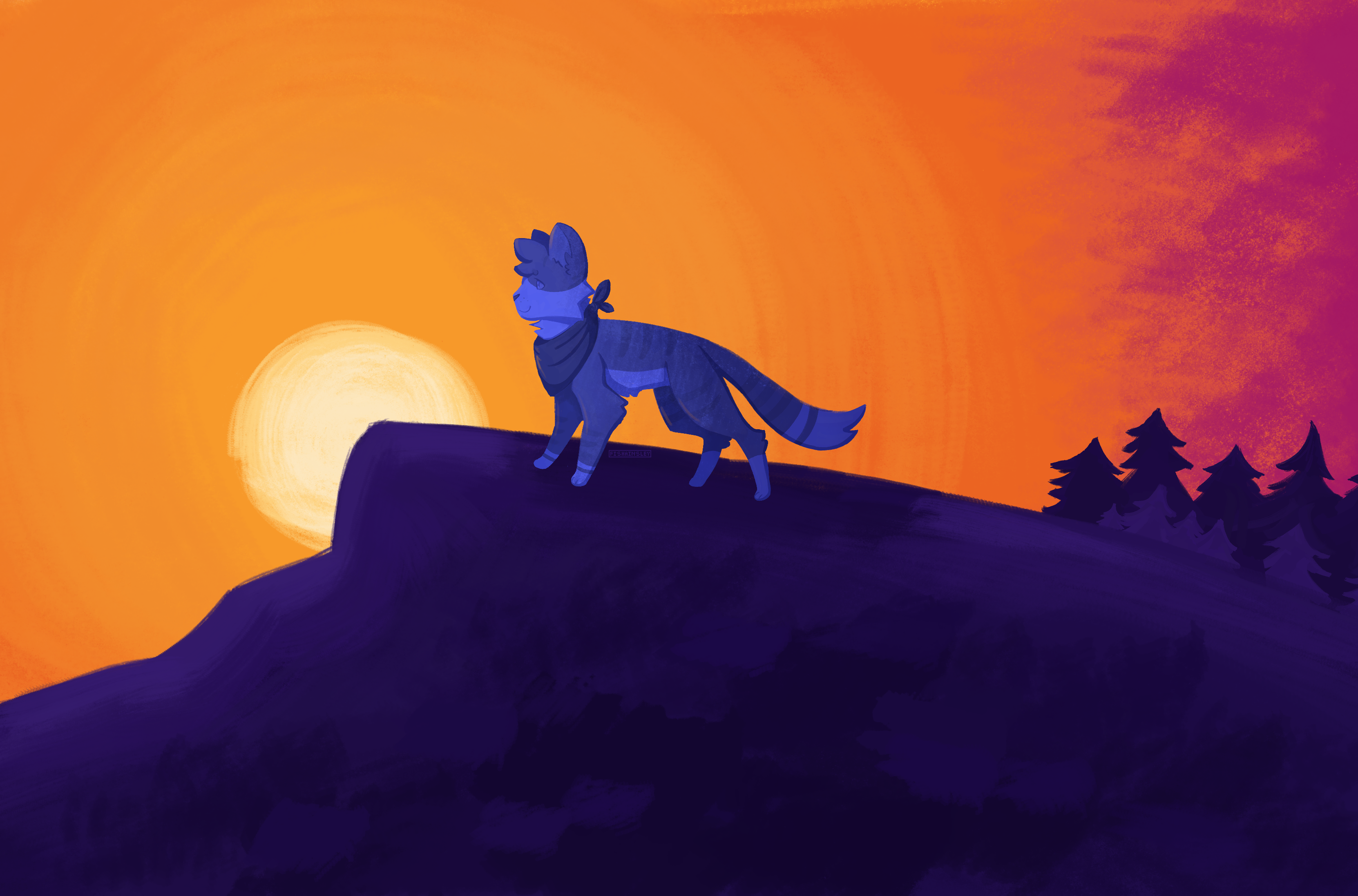 a painting of a cat wearing a bandana watching a sunset atop a cliff.