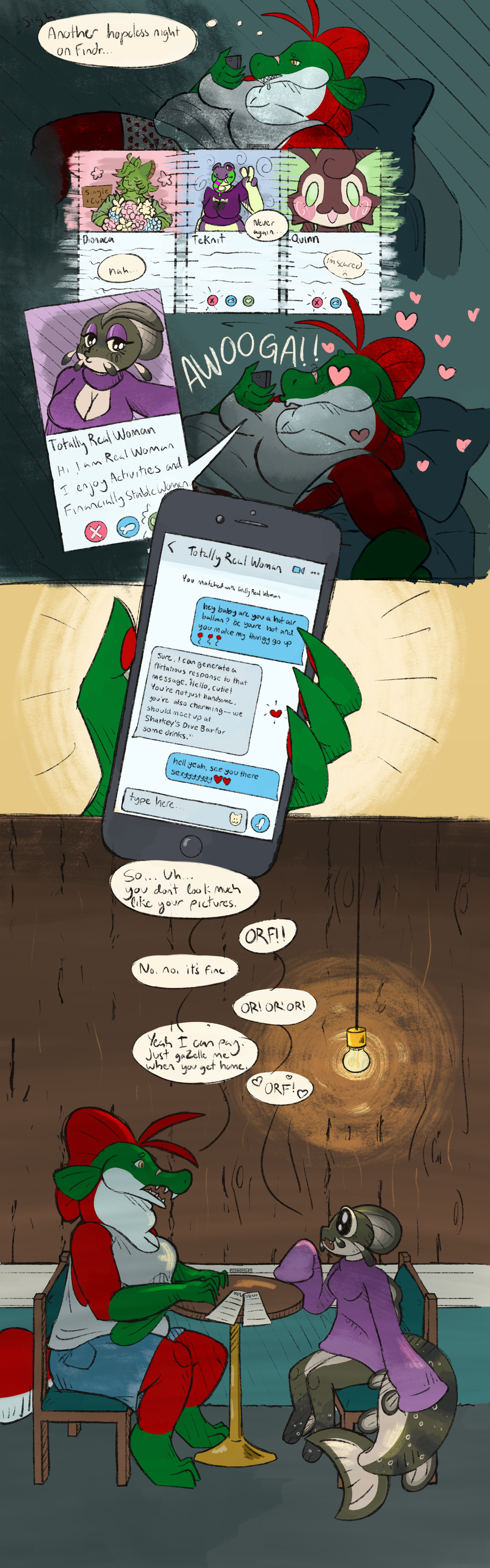 A short comic strip about an anthro salmon getting “catfished”. Click through to description for full transcript.