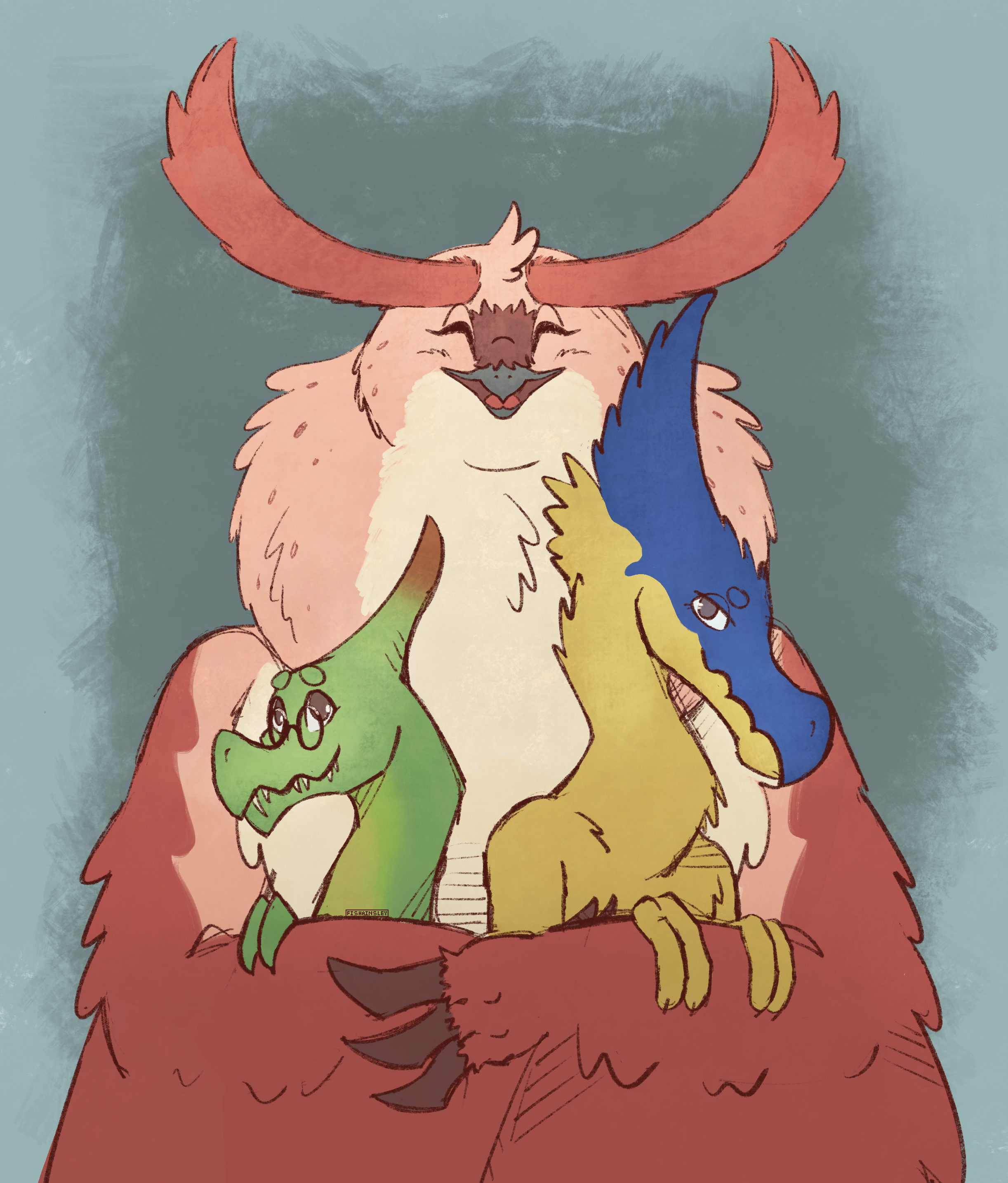 A drawing of a family of monsters. The largest, a pink owl monster, wraps her wings around a smaller green pterosaur and blue and yellow dinosaur.