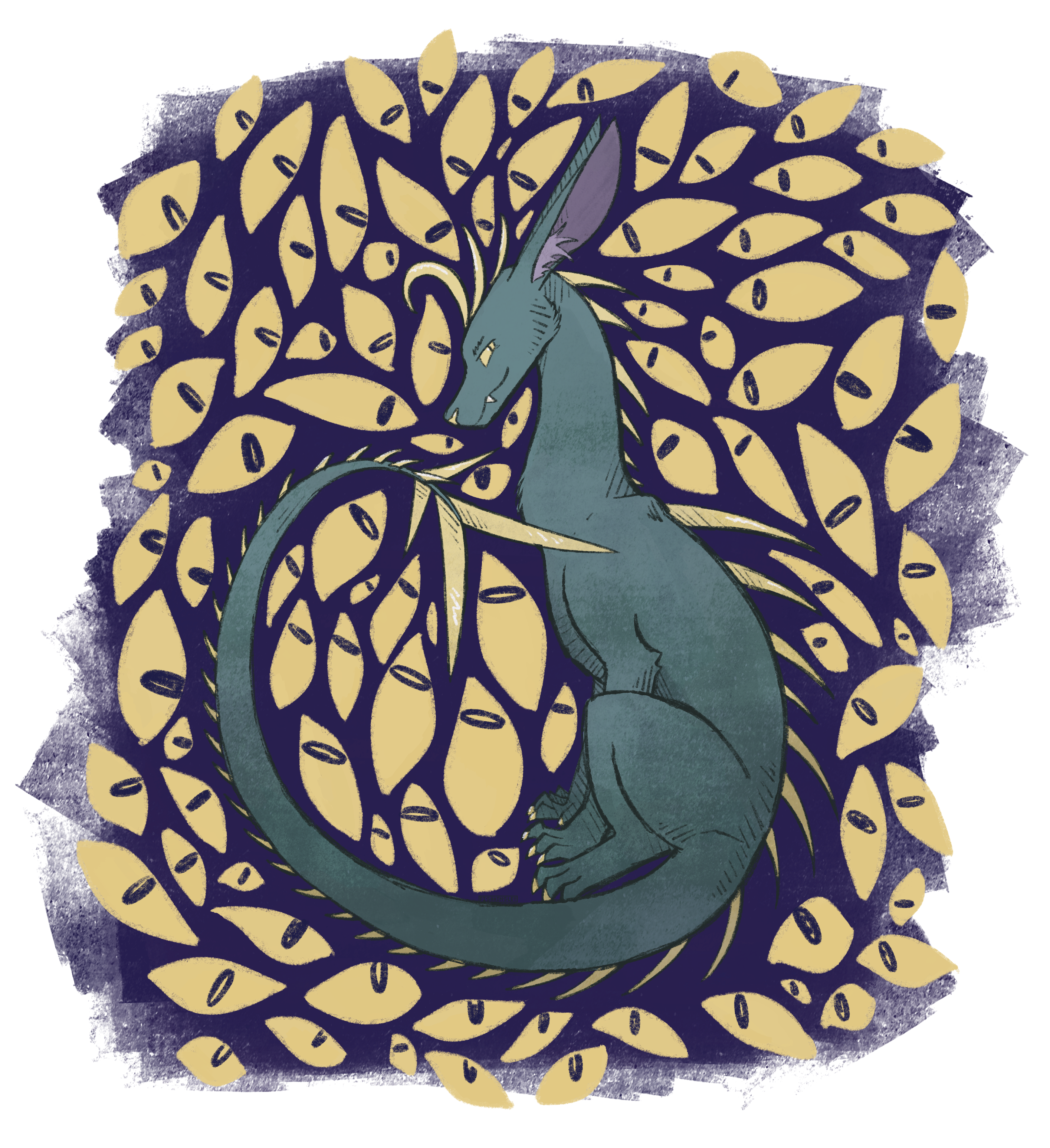  A drawing of a teal dog/dragon-like creature with many yellow spikes and a long, whiplike tail. He is sitting with his tail curled around himself. The background is full of yellow eyes.