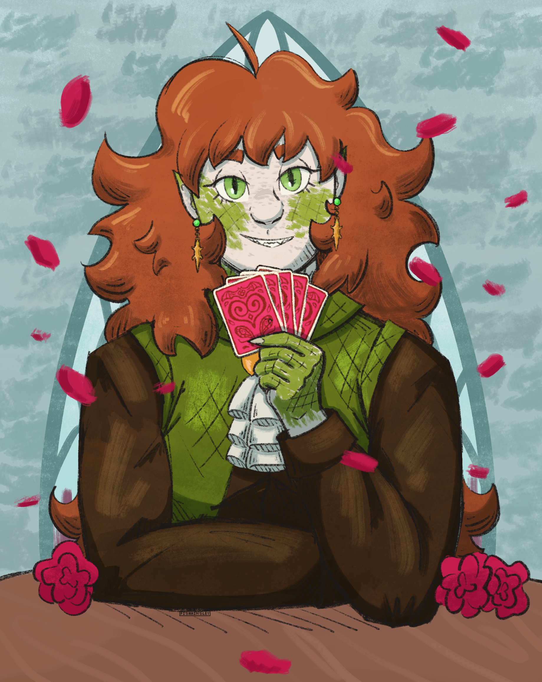 A drawing of Kittie, a redheaded white woman with patches of green scales on her skin and a crocodile skin vest. She is holding red playing cards with a smug expression on her face. The setting is an ethereal castle with rose petals drifting about.
