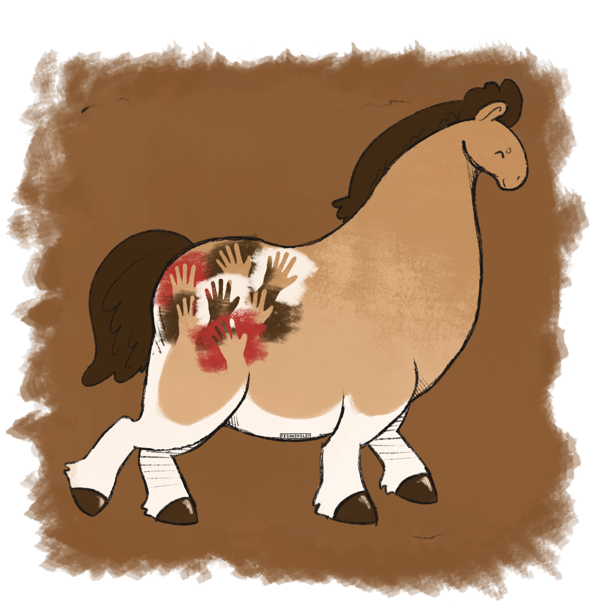 A stout dun horse resembling the Lascaux Horse with a dappling of hands in red, brown, and white pigment on the haunch.
