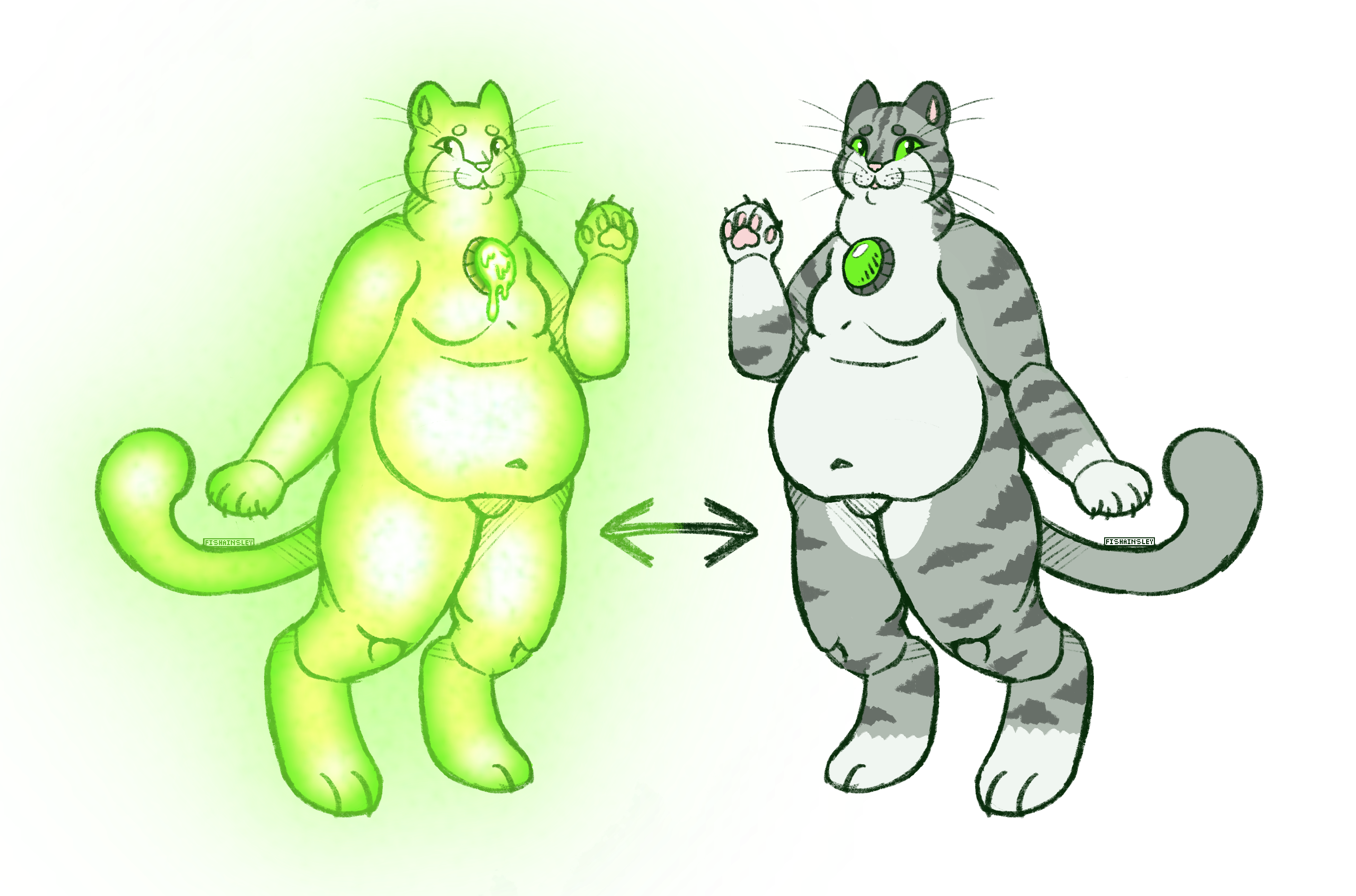 Drawn reference sheet of a fat anthro cat-like robot with two forms. The form on the right is a typical grey tabby cat with a white belly, green eyes, and a green nuclear core. The form on the left shows the cat glowing a bright green. The nuclear core is melting and there is a subtle noise effect resembling the effect of radioactivity on cameras.